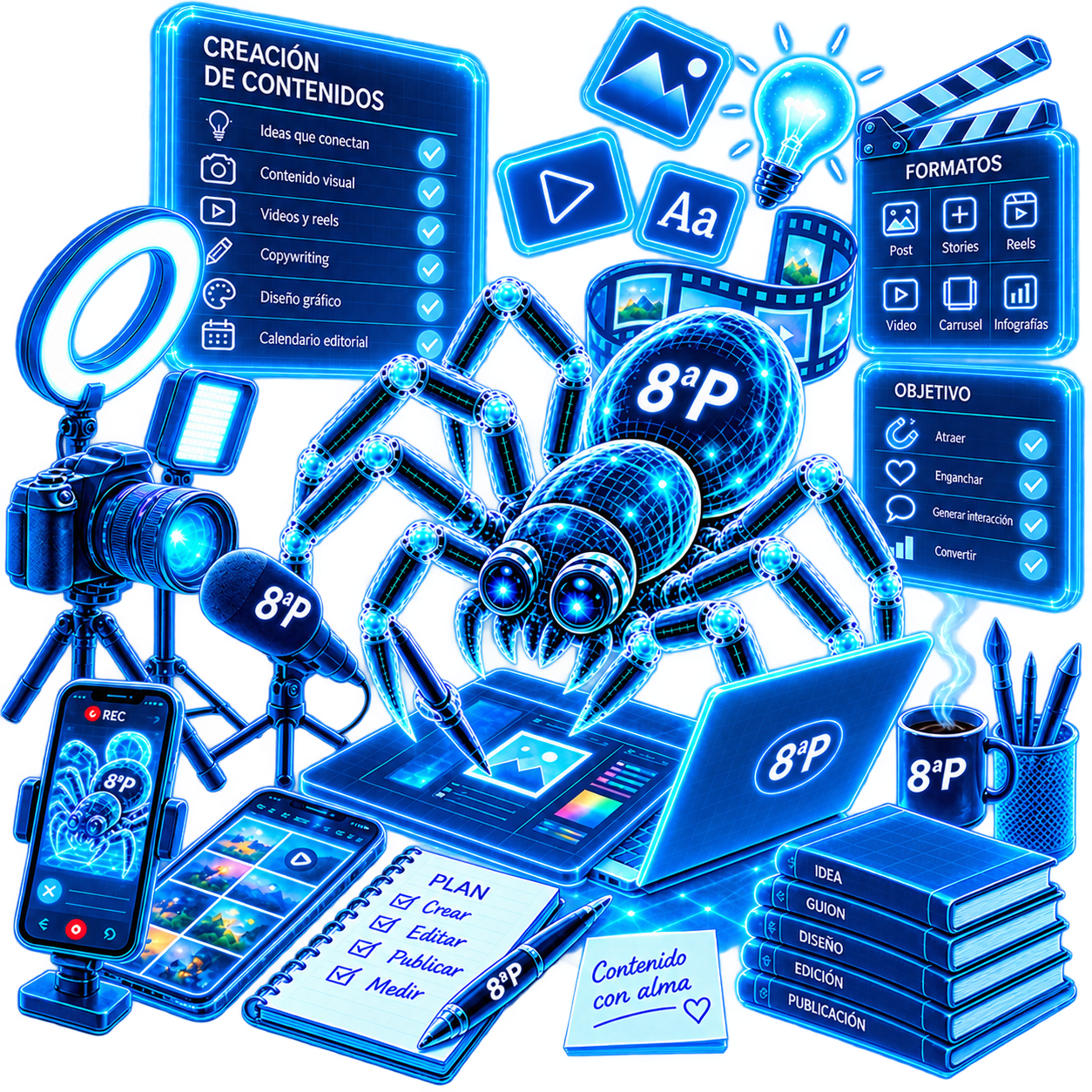 Servicio de creación de contenidos de La Octava P con fotografía, vídeo, diseño gráfico, copywriting y planificación de contenidos digitales.