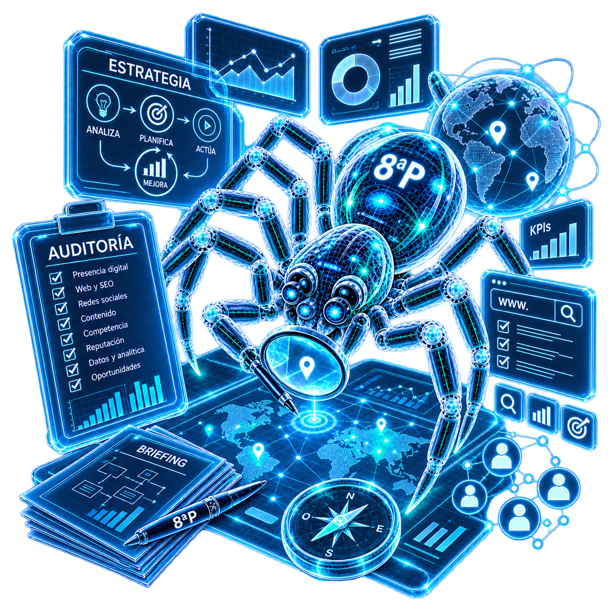 Servicio de estrategia digital y auditoría de La Octava P con análisis de presencia digital, planificación, datos, métricas y revisión de oportunidades.