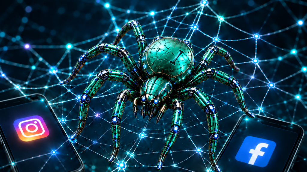Araña cibernética de La Octava P sobre una telaraña digital con Instagram y Facebook