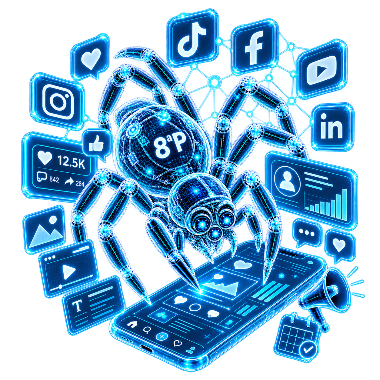 Servicio de gestión de redes sociales de La Octava P con planificación, publicación, análisis de métricas, interacción y gestión de contenidos digitales.