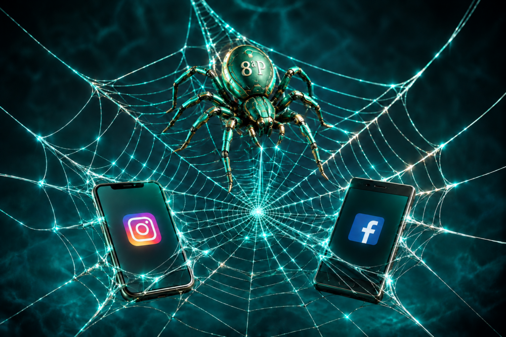Araña cibernética de La Octava P sobre una telaraña digital con Instagram y Facebook