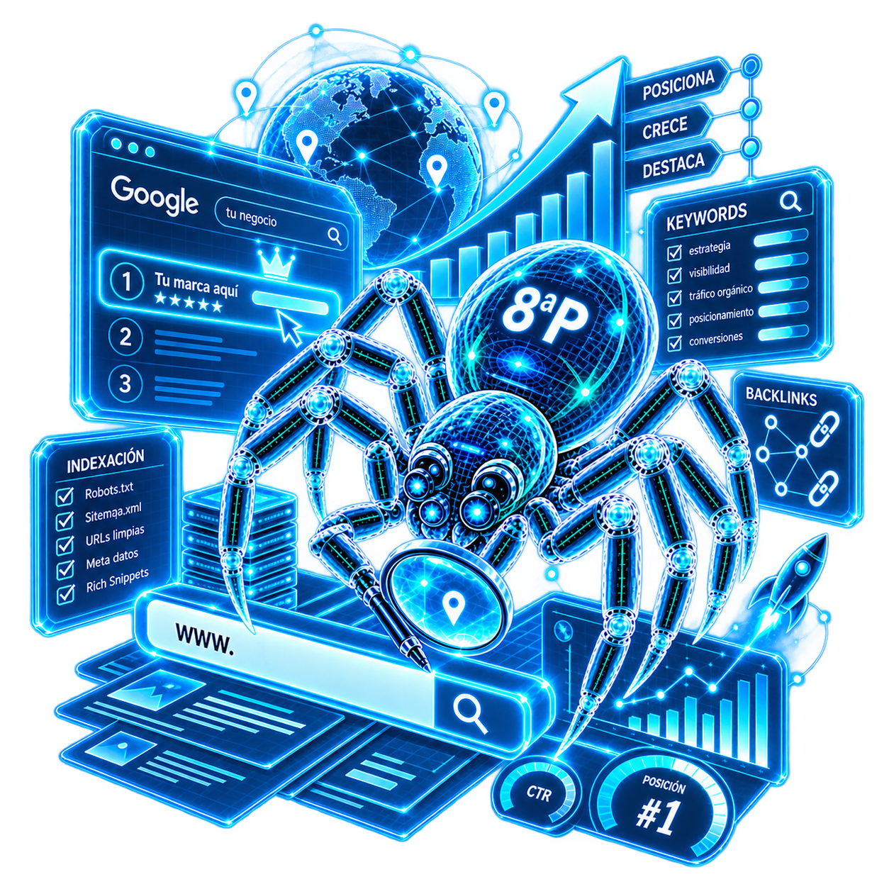 Servicio de SEO y posicionamiento de La Octava P con análisis de palabras clave, indexación, backlinks y posicionamiento en Google.