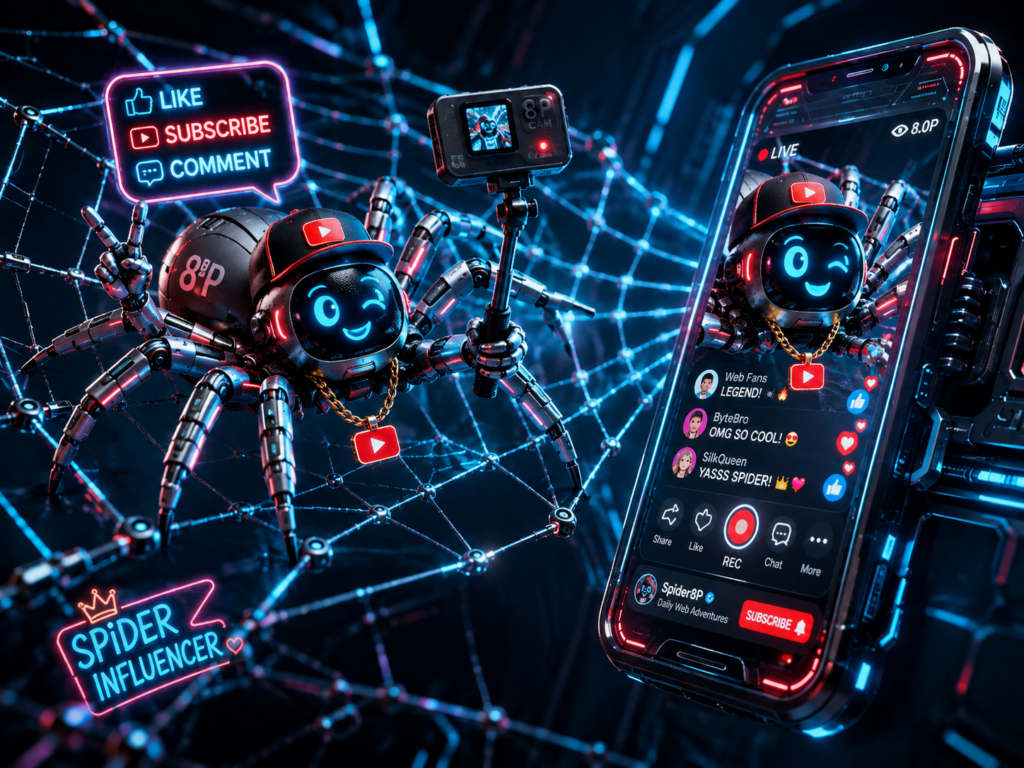 Araña robótica de La Octava P grabando y creando contenido en vídeo para YouTube desde distintos dispositivos digitales.