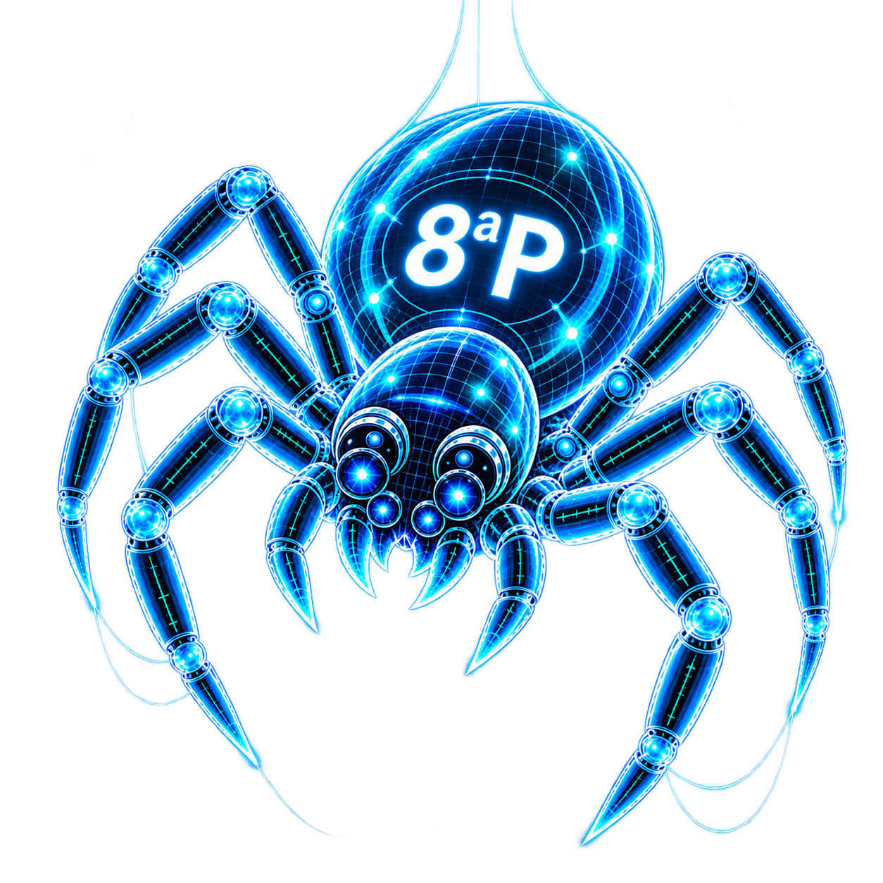 Araña robótica holográfica de La Octava P con 8ªP en el abdomen Si la imagen es solo decorativa dentro de la composición, también podrías dejar el texto alternativo vacío. Pero si quieres rellenarlo todo, este vale bien.