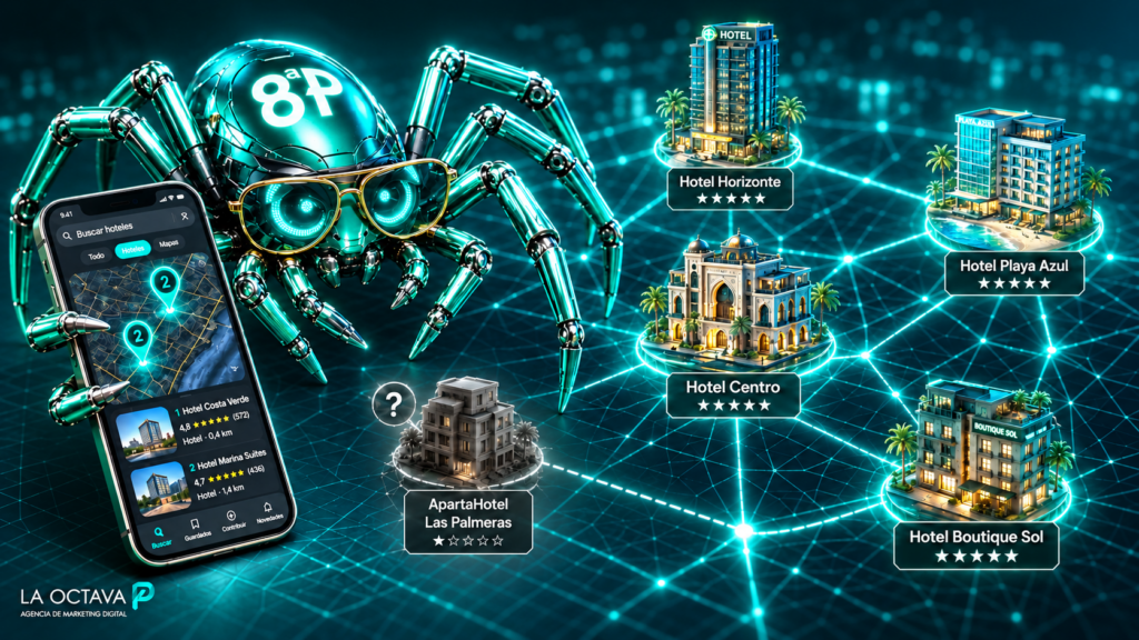 Araña cibernética de La Octava P analizando hoteles en una red digital con resultados de Google Business
