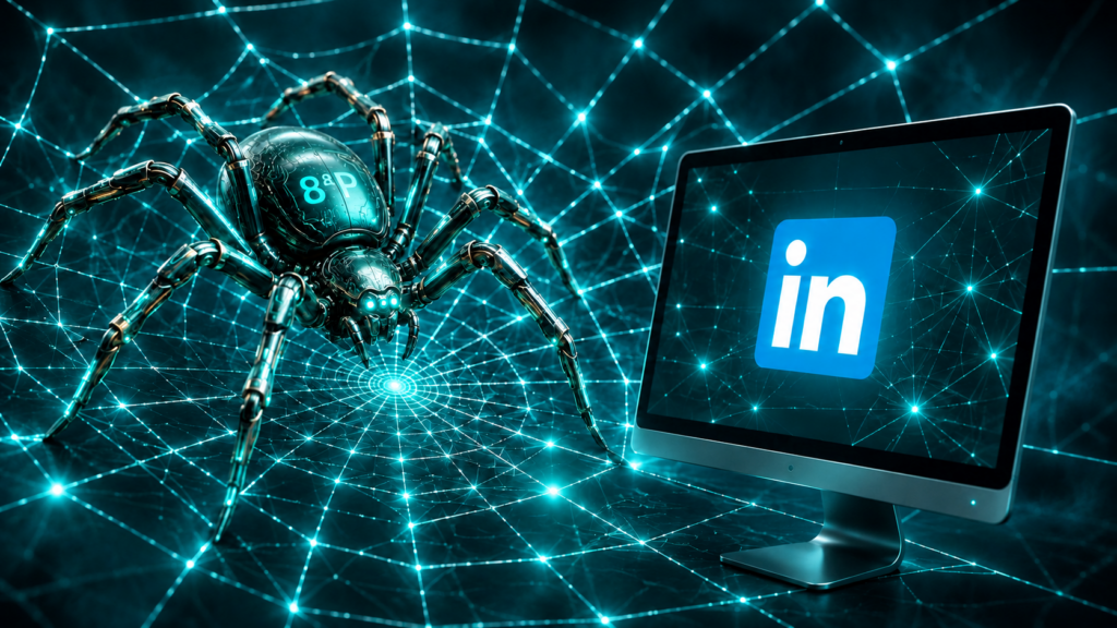 Araña robótica de La Octava P junto a una pantalla con el logotipo de LinkedIn