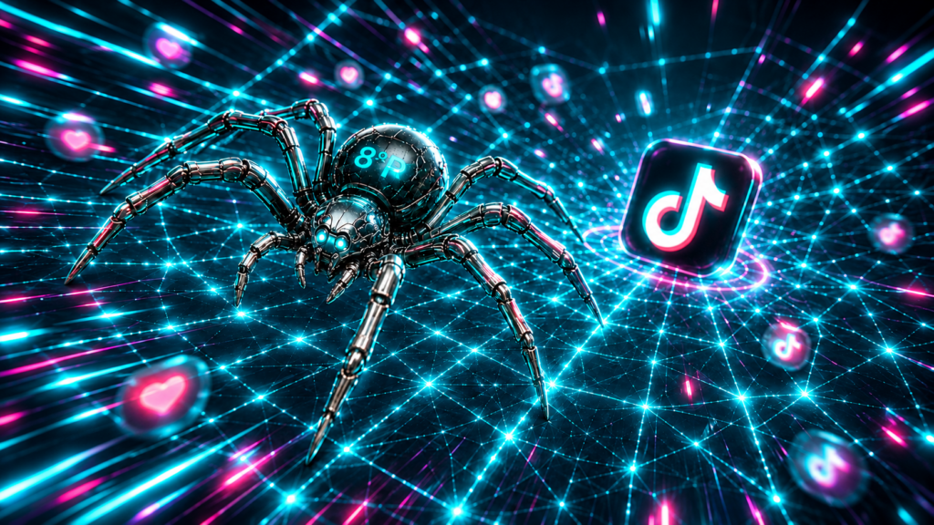 Araña cibernética de La Octava P sobre una red digital luminosa junto al icono de TikTok